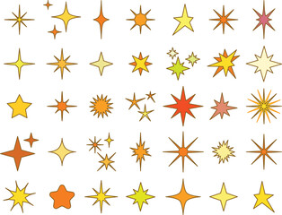A vector illustration featuring a collection of various colorful star shapes in yellow, orange, and red tones on a white background