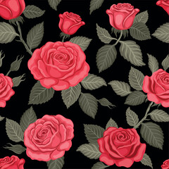 Seamless pattern with Rose flowers on black background. Vector colored print illustration for design