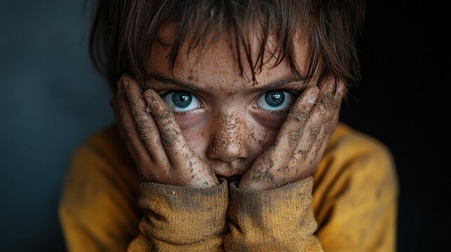 A striking portrait of a young child with dirt-smudged hands, expressing raw emotion and vulnerability, reflecting the impact of environmental conditions on innocence.