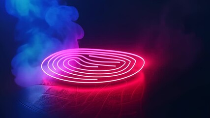 Neon Fingerprint Maze: A vibrant pink neon fingerprint maze glows mysteriously on a dark reflective surface, with ethereal blue and purple smoke adding to the enigmatic ambiance. - Powered by Adobe