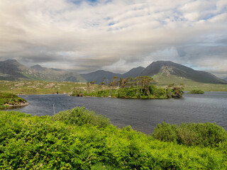 Stunning nature scene in Connemara, county Galway, Ireland. View on amazing and famous Twelve pines island and mountains in the background. Famous tourist area and Irish landscape scene.