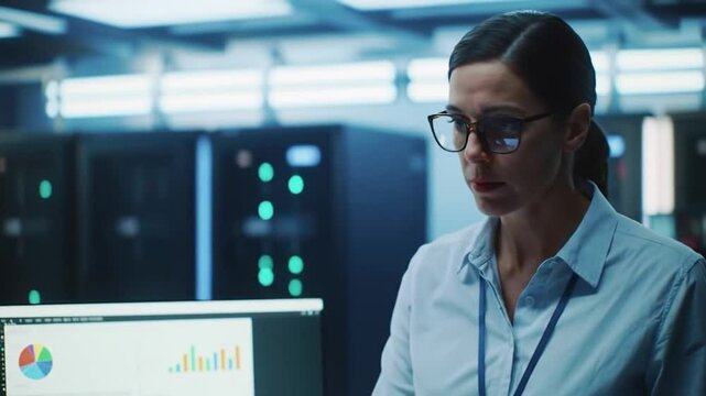 Woman with glasses analyzing charts on computer in a server room environment view - Powered by Adobe
