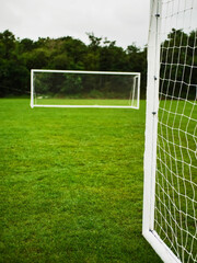 Side of football or soccer goalpost in focus, second goalposts out of focus, dark background. Sport equipment on clean cut green grass. Professional team training pitch.