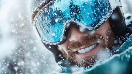 A cheerful ski enthusiast is captured smiling amidst falling snow while dressed in winter gear and goggles, conveying a sense of adventure and joy in winter sports.