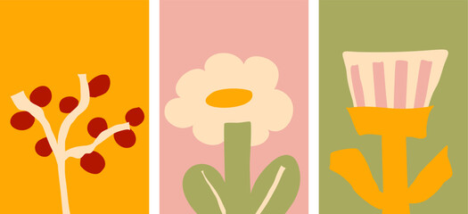 A collection of three abstract modern art illustrations of cutout flowers, minimalist design, pastel colors home decor vector posters