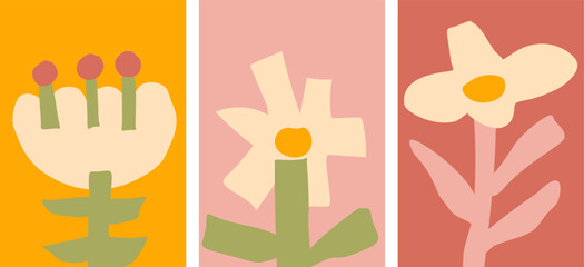 A collection of three abstract modern art illustrations of cutout flowers, minimalist design, pastel colors home decor vector posters