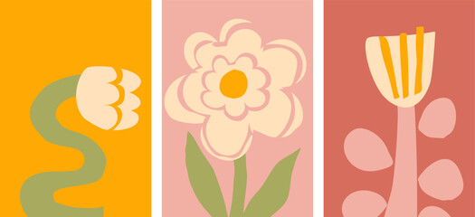 A collection of three abstract modern art illustrations of cutout flowers, minimalist design, pastel colors home decor vector posters