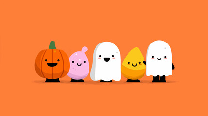 Fototapeta premium Adorable Vector Illustration of Smiling Halloween Characters on Bright Orange Background for Festive Presentations