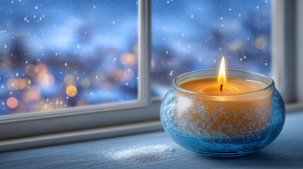 Candle emits soft light near window on snowy evening. Frosted glass bowl enhances warm glow. Frosty winter landscape features blurred city lights. Concept of home decor, relaxation, winter ambiance