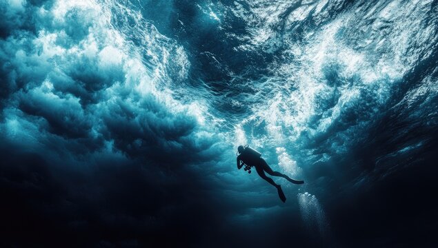 A diver's silhouette descends into a deep, turbulent ocean - Powered by Adobe