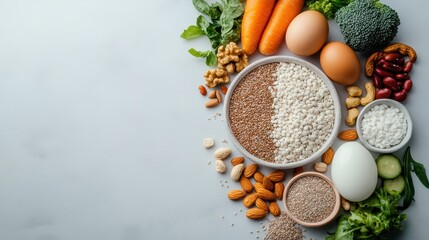 A vibrant arrangement of fresh ingredients, including nuts, vegetables, and grains, perfect for meal prepping and promoting healthy eating habits.