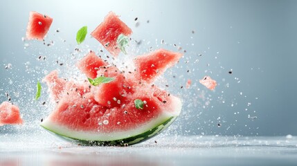 A vibrant explosion of watermelon pieces captures the essence of summer, showcasing the juicy flesh and refreshing nature of this favorite seasonal fruit.