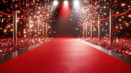 A stunning red carpet path flanked by elegant ropes and sparkling confetti, creating a festive atmosphere perfect for celebrations and glamorous events.