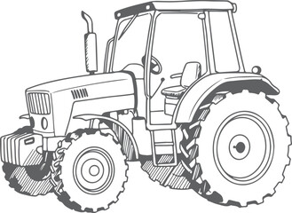 Detailed Black and White Illustration of a Tractor Portraying Rural Life and Agricultural Machinery with Precision and Technical Accuracy