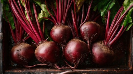 Freshly harvested red beets displayed with vibrant green leaves