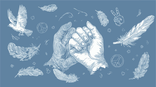 Vector drawing of hands joined in peace with feathers and symbols on calm blue background
