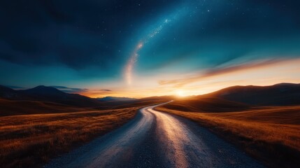 Fototapeta premium A breathtaking landscape featuring a winding road leading towards a mesmerizing sunset, evoking feelings of peace and adventure in nature's quiet beauty.