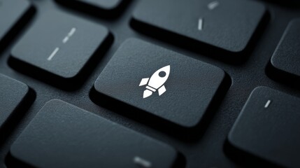 Close-up of a keyboard with a rocket icon replacing the enter key symbolizing launch innovation and creative digital action.