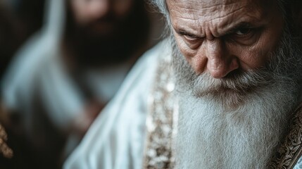 An elderly man with a flowing beard and an intense gaze, dressed in traditional attire, embodies wisdom and strength, surrounded by blurred figures that add to the atmospheric depth.