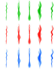 Colorful abstract design featuring wavy patterns in red, green, and blue against a white background