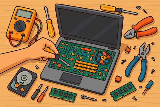 Computer repair service concept. Technician hand fixing a laptop motherboard with tools. IT support, hardware upgrade, and electronics maintenance. Flat lay vector illustration.