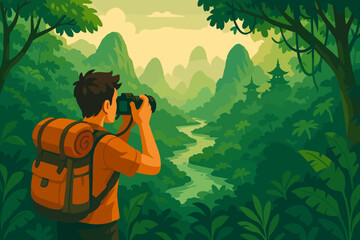 Backpacker photographer taking picture of jungle landscape with river and temple. Man on hiking adventure in Asian rainforest. Travel, exploration, tourism vector cartoon concept.