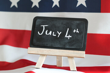 “July 4th” Message on Chalkboard with American Flag Background – Independence Day Celebration...