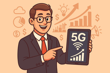 Businessman presenting 5G technology on tablet for business growth and marketing success. Vector cartoon illustration of financial profit data, wireless network, and innovation.