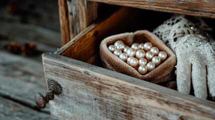 A captivating still life image featuring an antique drawer, elegantly displaying a collection of pearls and vintage gloves, evoking senses of nostalgia and timeless beauty.