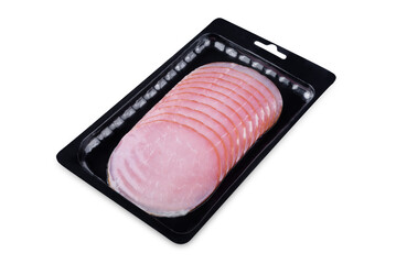 Smoked balyk in plastic packaging on a white isolated background