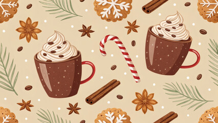 Watercolor Seamless Pattern with Christmas Hot Drinks and Treats
