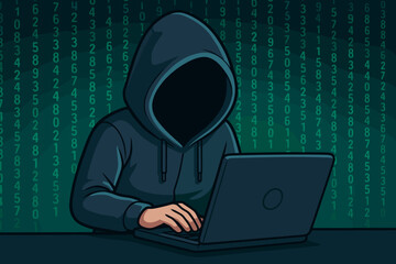 Cyber security concept with anonymous hacker in hoodie. Faceless programmer coding on laptop. Cybercrime, espionage, and data theft illustration with digital matrix background.