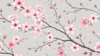 Fototapeta premium Watercolor Japanese Minimal Seamless Pattern with Sakura Blossoms 