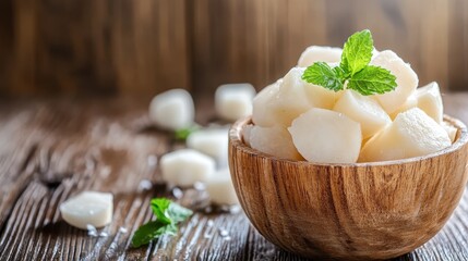 A delightful arrangement of fresh coconut cubes served in a wooden bowl, garnished with mint leaves, symbolizing freshness and healthy living.