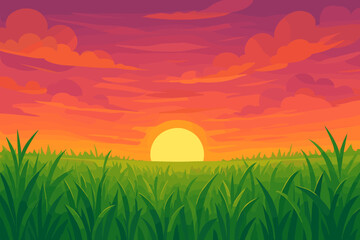 Summer landscape with a green field of grass during a colorful sunset. Vector cartoon illustration background. Scenic nature scenery with a vibrant orange sky, pink clouds and sun.