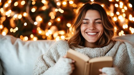 A joyful woman smiles while reading a book in a cozy setting with twinkling Christmas lights, embodying warmth and happiness during the festive season.