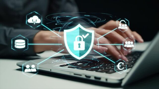 Secure data protection and network security systems. VPN connections and zero trust security. Man using laptop computer with an encrypted data security system