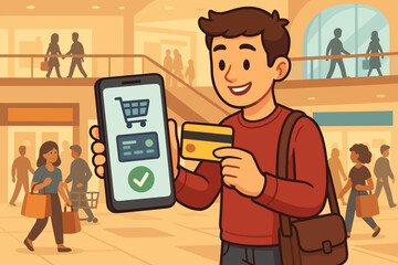 Man making mobile payment for online shopping in a busy mall. Happy customer uses credit card and smartphone app for purchase. E-commerce, digital wallet, and fintech concept vector.