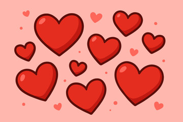 Cartoon Red Hearts Pattern on Pink Background, Cute Vector Illustration for Valentine&rsquo;s Day, Love, Romance, Wedding, Anniversary, Romantic Greeting Card, Holiday Decoration Design