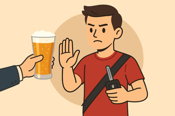 Responsible designated driver refusing beer, making safe choice, rejecting alcohol, promoting sober driving, safety first, hand gesture stop, alcohol awareness, vector cartoon illustration
