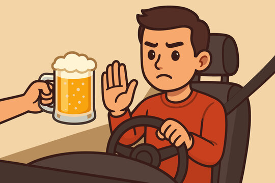 Responsible driver refuses beer offer safety concept. Man rejects alcohol while driving, promoting sobriety, road safety, anti drunk driving, safe driving awareness, vector cartoon illustration