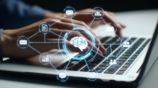 LLM large language model and custom AI solutions. Artificial intelligence driven automation technology. Businessman using laptop computer for training and instructing AI. - Powered by Adobe