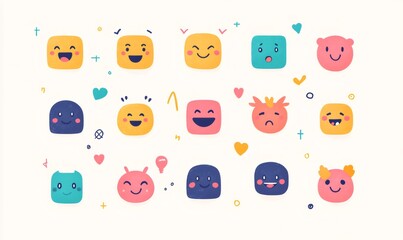 Colorful emojis are conveying various feelings, from happiness and excitement to sadness and surprise, adding a playful touch to communication