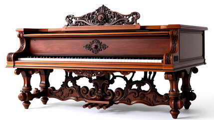 An antique ornate grand piano with intricate wood carvings and peddles sits against a white background.