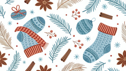 Watercolor Seamless Pattern with Cozy Winter Knits and Holiday Elements
