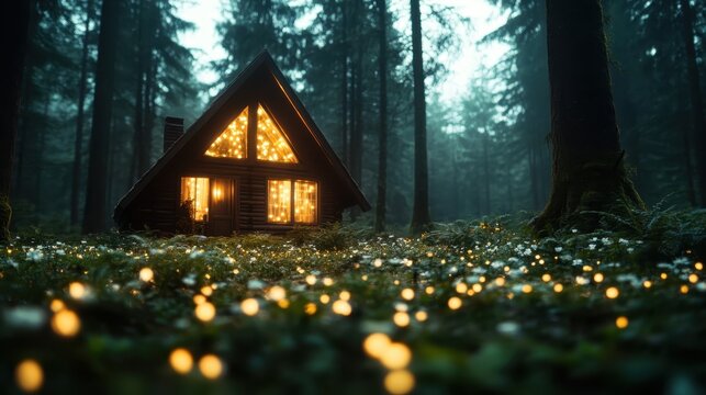 An enchanting cabin adorned with lights emerges from a lush green forest, evoking a sense of magic and mystery that captures the imagination and invites exploration at twilight.