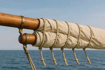 Rolled Canvas Sail Tightly Secured on Wooden Boom of Historic Sailboat with Ropes Overlooking Calm Blue Ocean Horizon