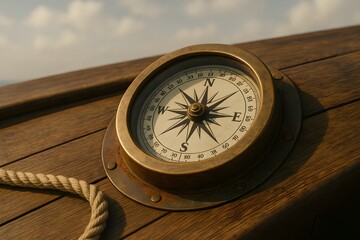 Vintage Nautical Compass with Brass Frame Mounted on Wooden Surface with Marine Rope in Foreground and Ocean Horizon in Background