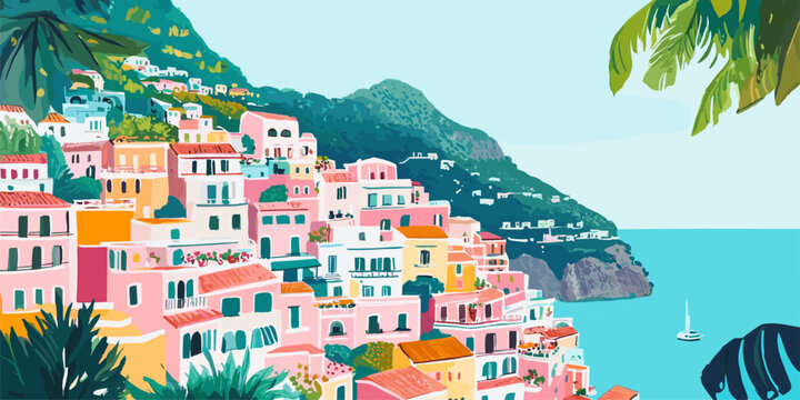 Vector illustration of Positano, Amalfi Coast, Italy. Colorful cliffside buildings, turquoise sea, palm leaves, and summer vibes—perfect for travel and vacation themes.	
