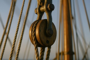 Close-up of Wooden Pulley and Rigging on Classic Sailing Ship at Sunset with Authentic Nautical Details and Maritime Texture